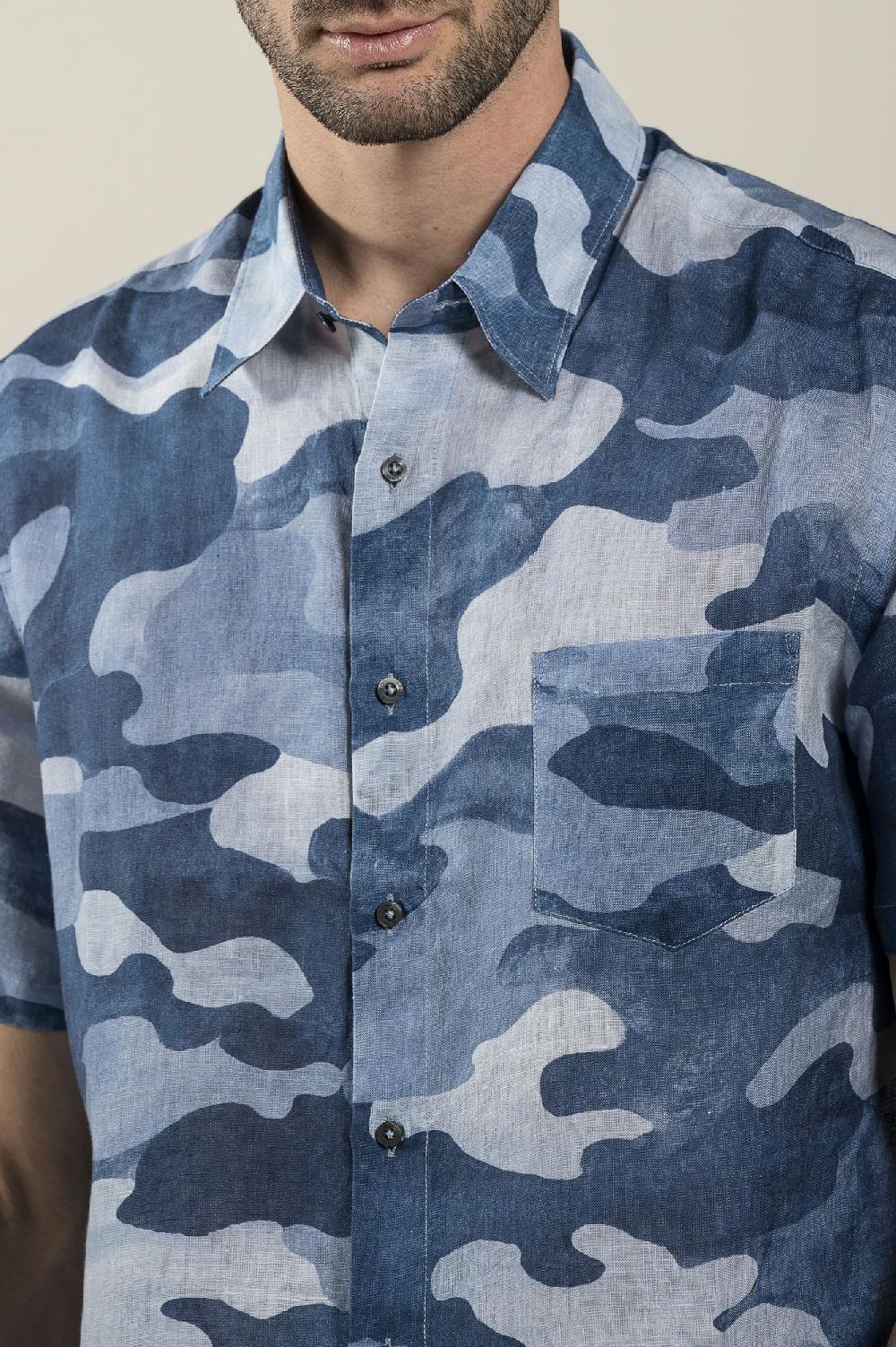 120% Lino Regular Fit Camo Print Shirt Vendita Economica