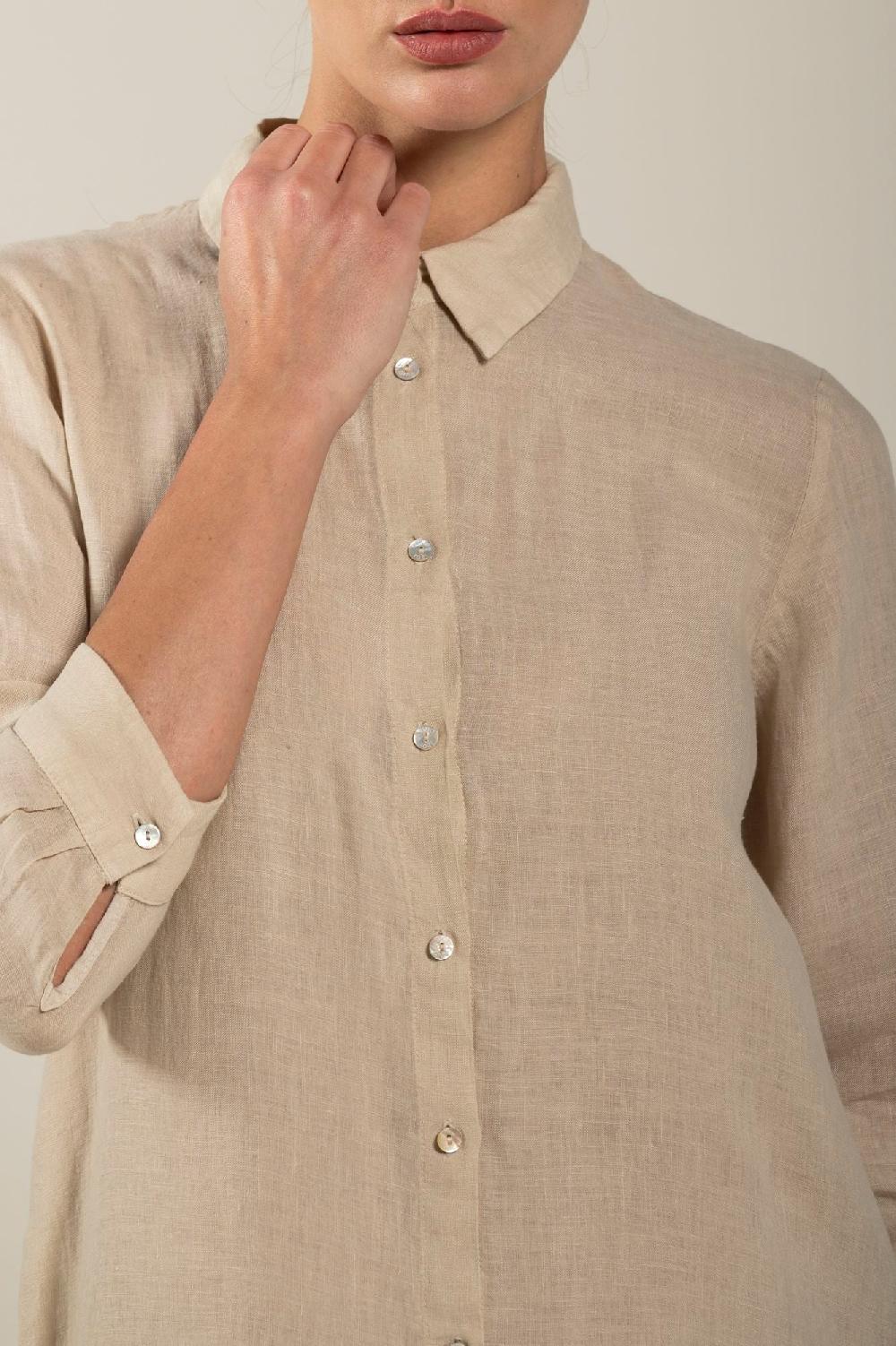 120% Lino Long Sleeve Shirt Dress with Side Slits Grande vendita