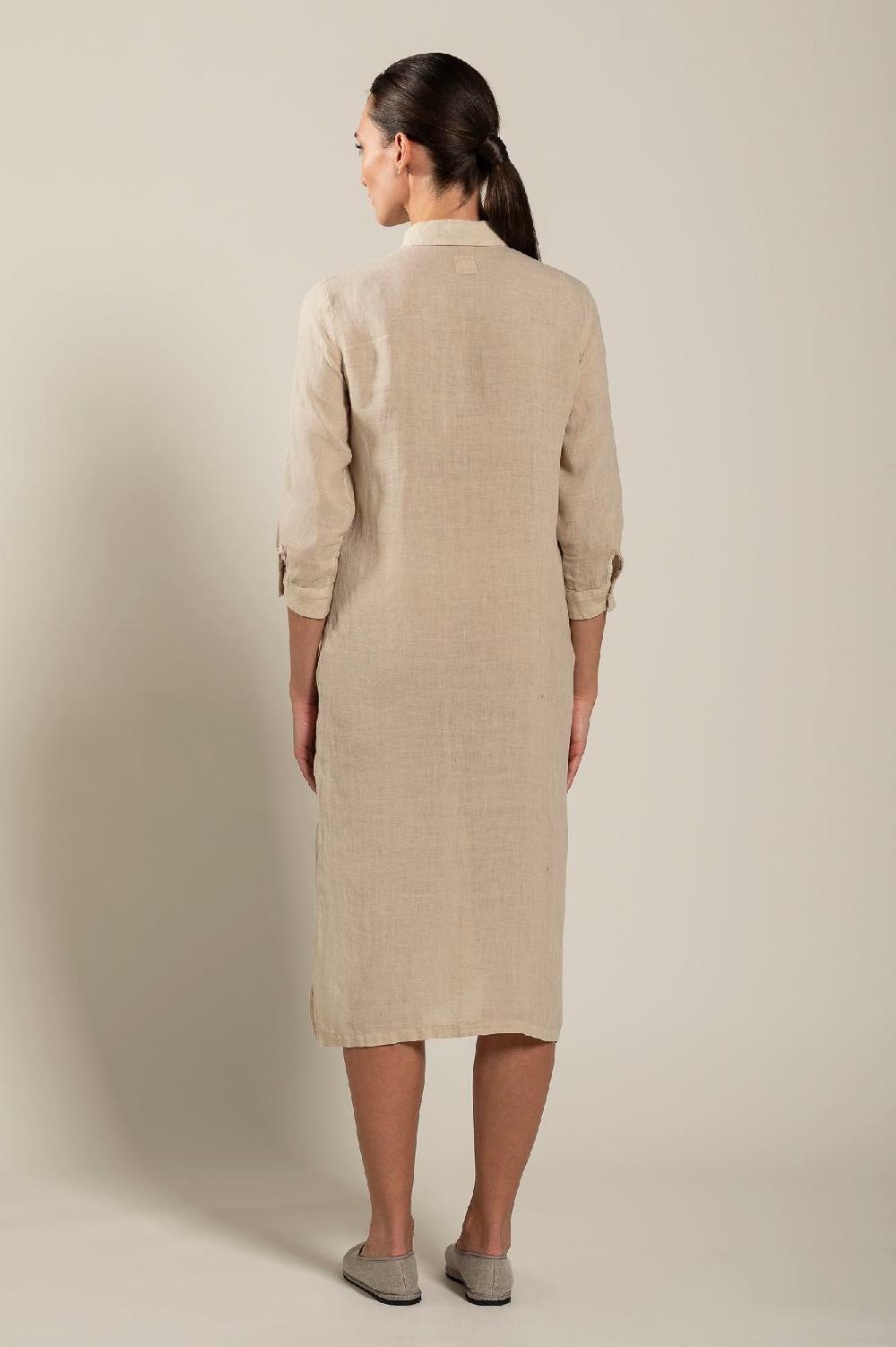 120% Lino Long Sleeve Shirt Dress with Side Slits Grande vendita