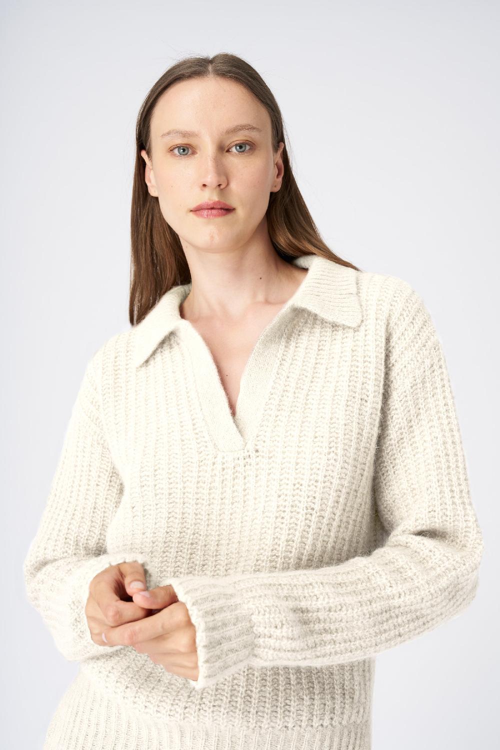 120% Lino V-Neck Collared Cashmere Blend Sweater Offerta natalizia