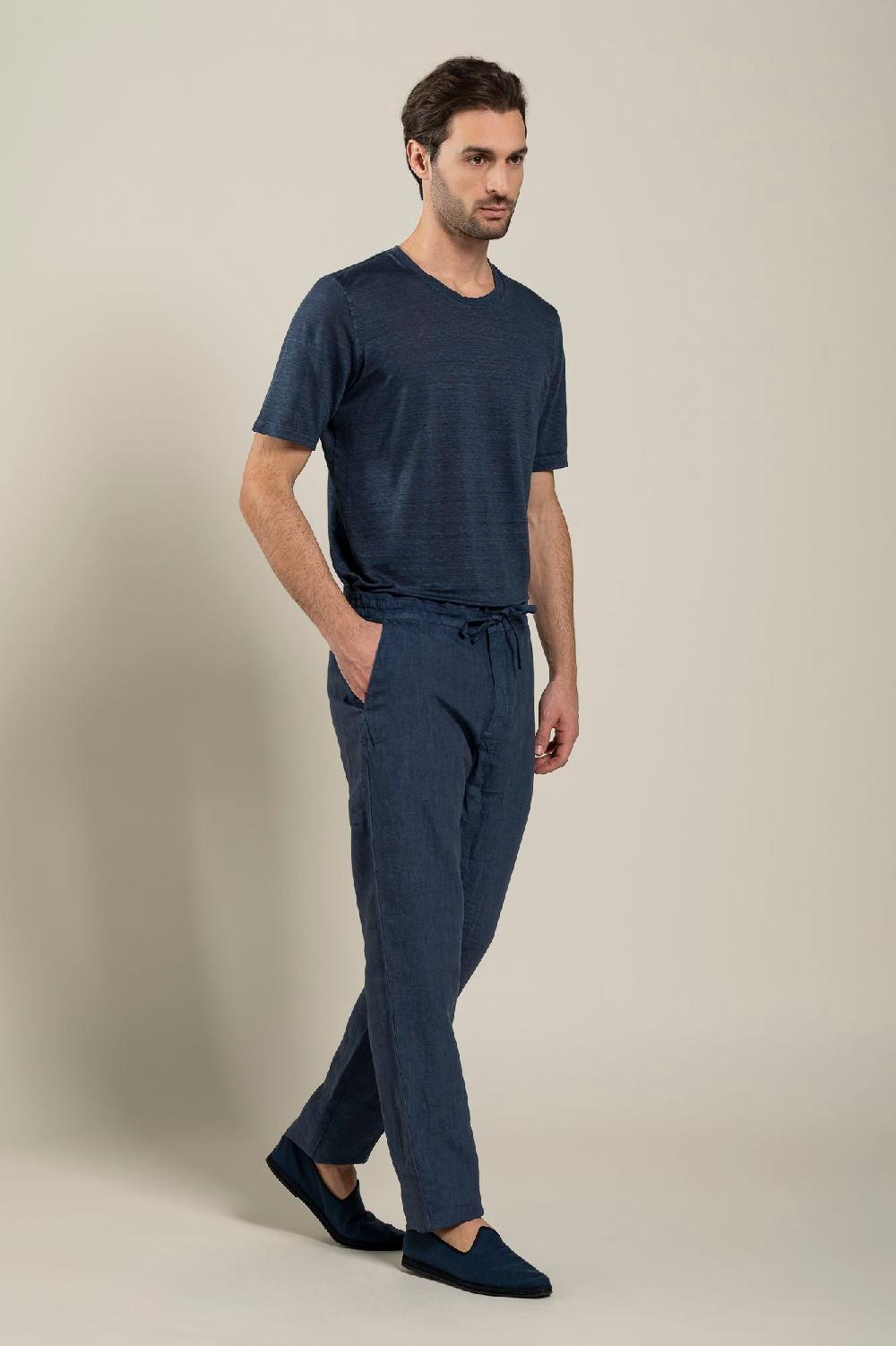 120% Lino Man Navy Drawstring Pant Offerta San Valentino