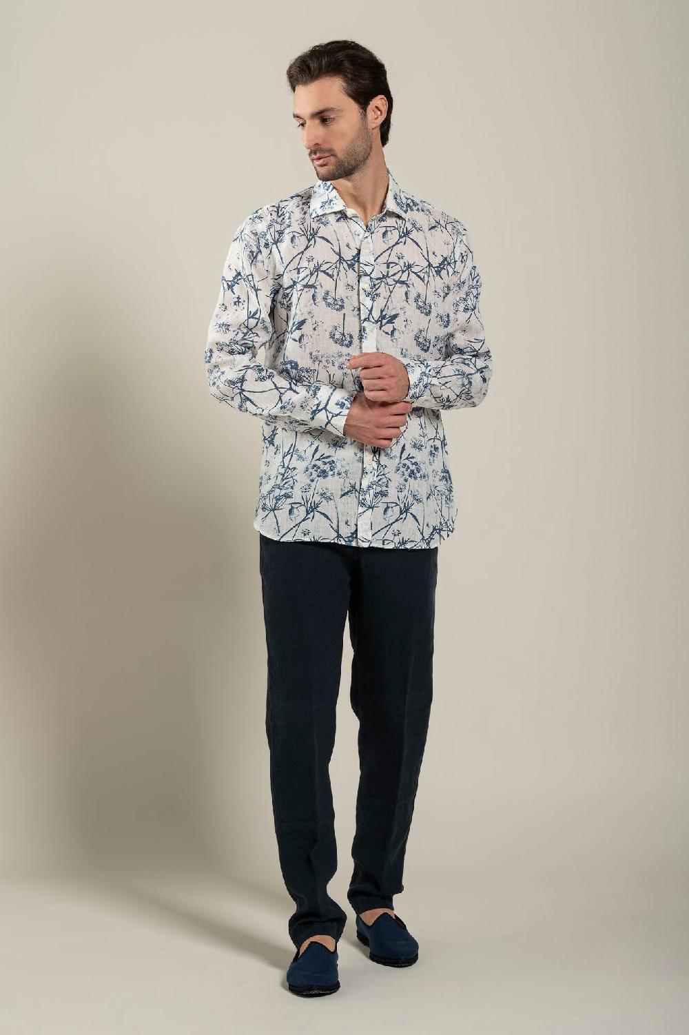 120% Lino Long Sleeve Man Slim Floral Patterned Fit Shirt Smaltimento dello stoccaggio