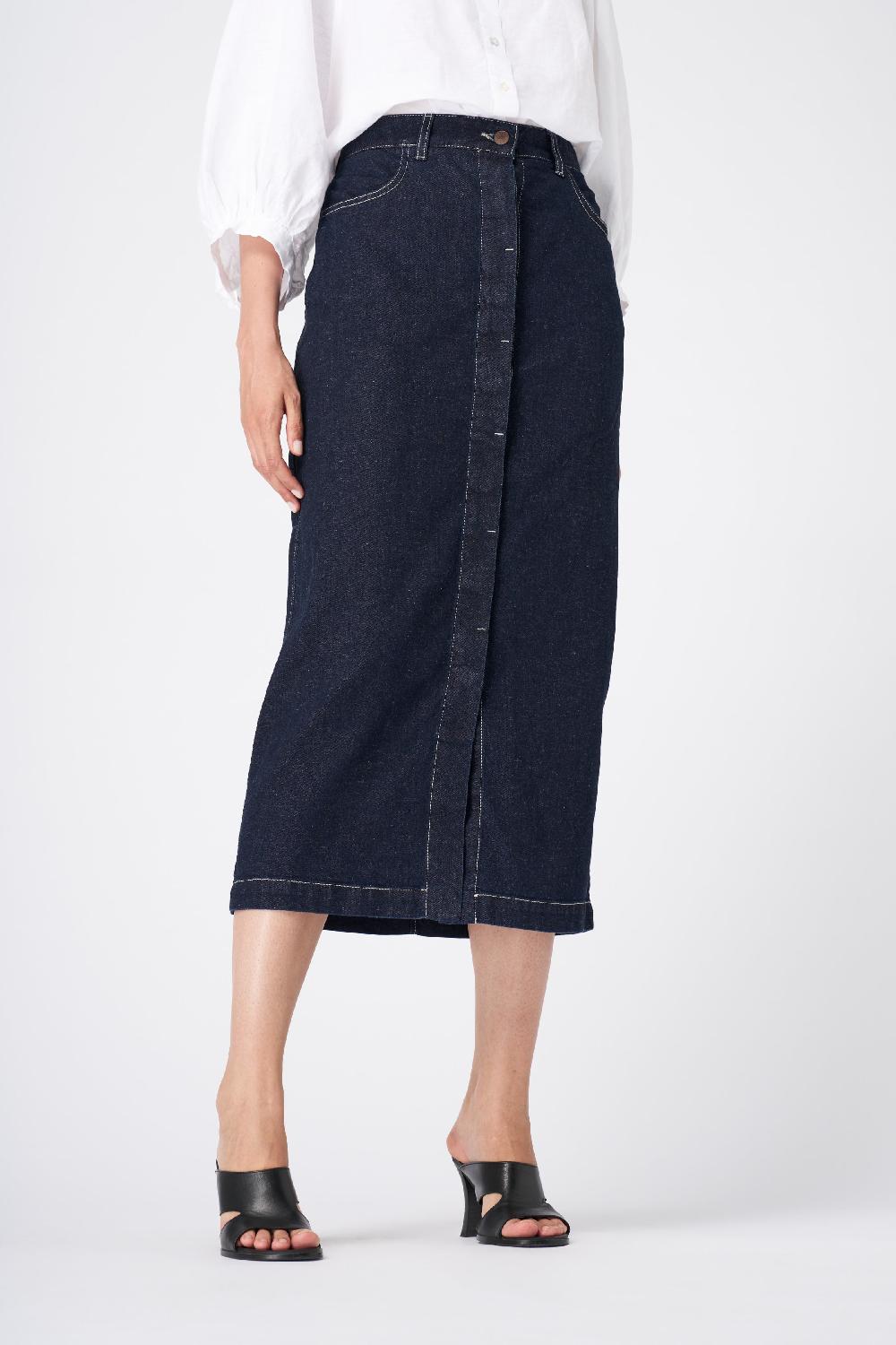 120% Lino Classic High-Waisted Denim Midi Skirt Liquidazione