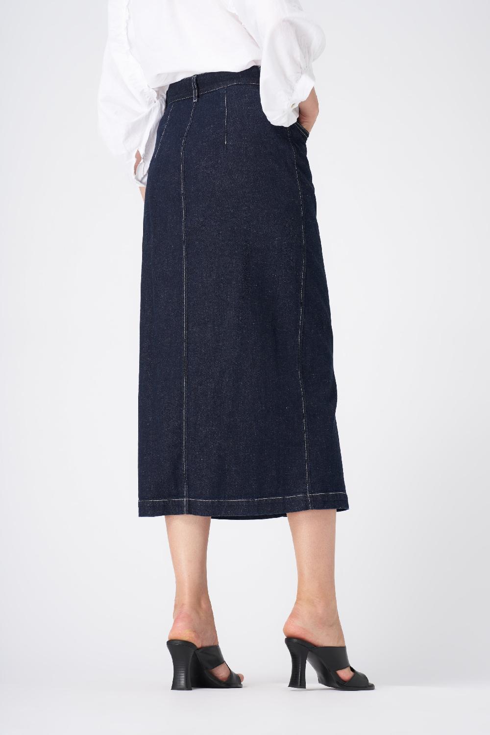 120% Lino Classic High-Waisted Denim Midi Skirt Liquidazione
