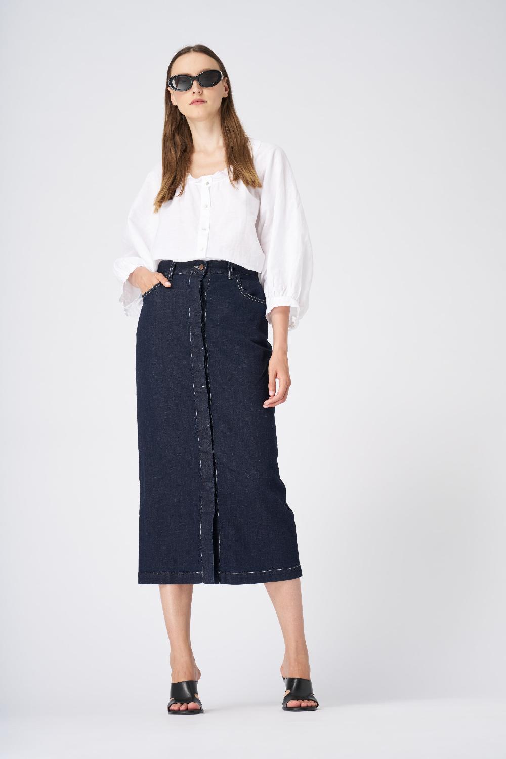 120% Lino Classic High-Waisted Denim Midi Skirt Liquidazione