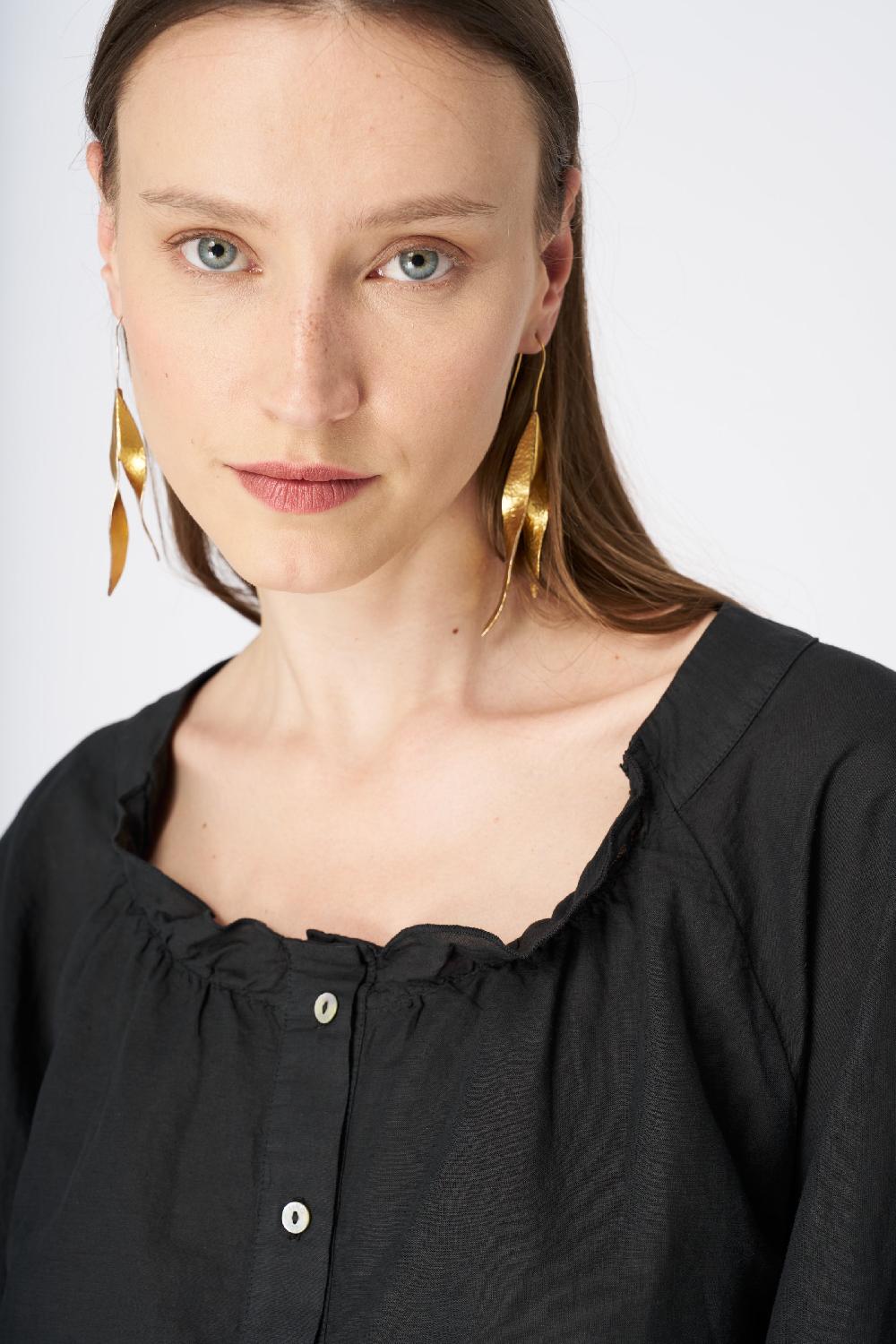 120% Lino Ruffled Neckline Linen Peasant Blouse Offerte speciali