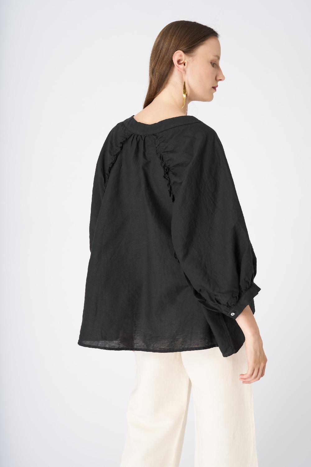 120% Lino Ruffled Neckline Linen Peasant Blouse Offerte speciali