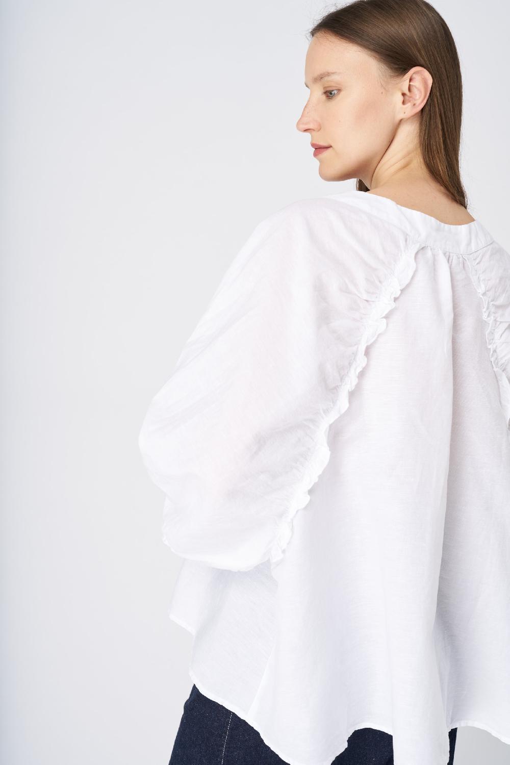 120% Lino Ruffled Neckline Linen Peasant Blouse Offerte speciali