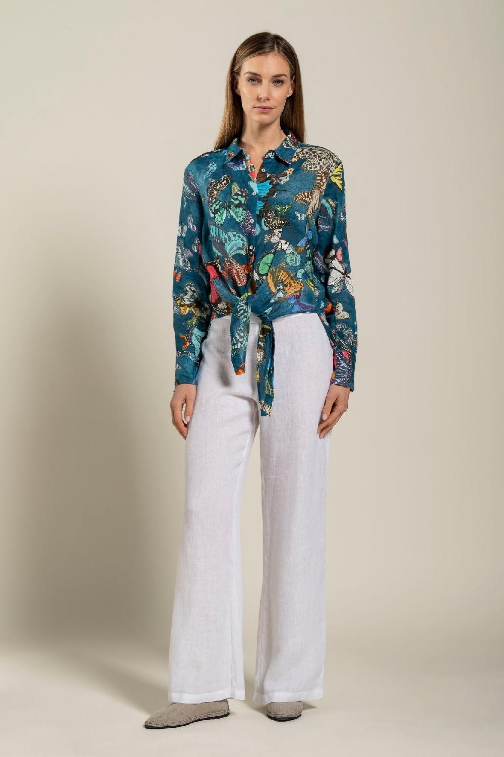120% Lino Tie-Front Butterfly Print Shirt Fino al 60% di sconto