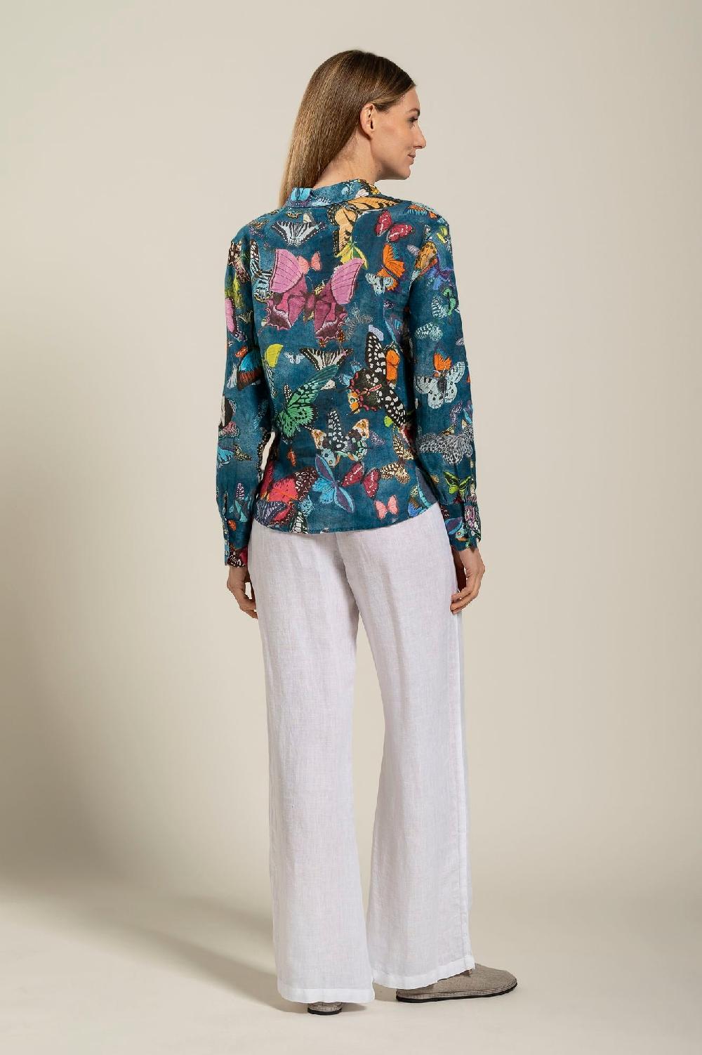 120% Lino Tie-Front Butterfly Print Shirt Fino al 60% di sconto