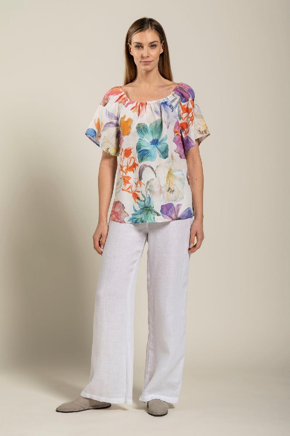 120% Lino Floral Print Women Blouse Fino al 55% di sconto