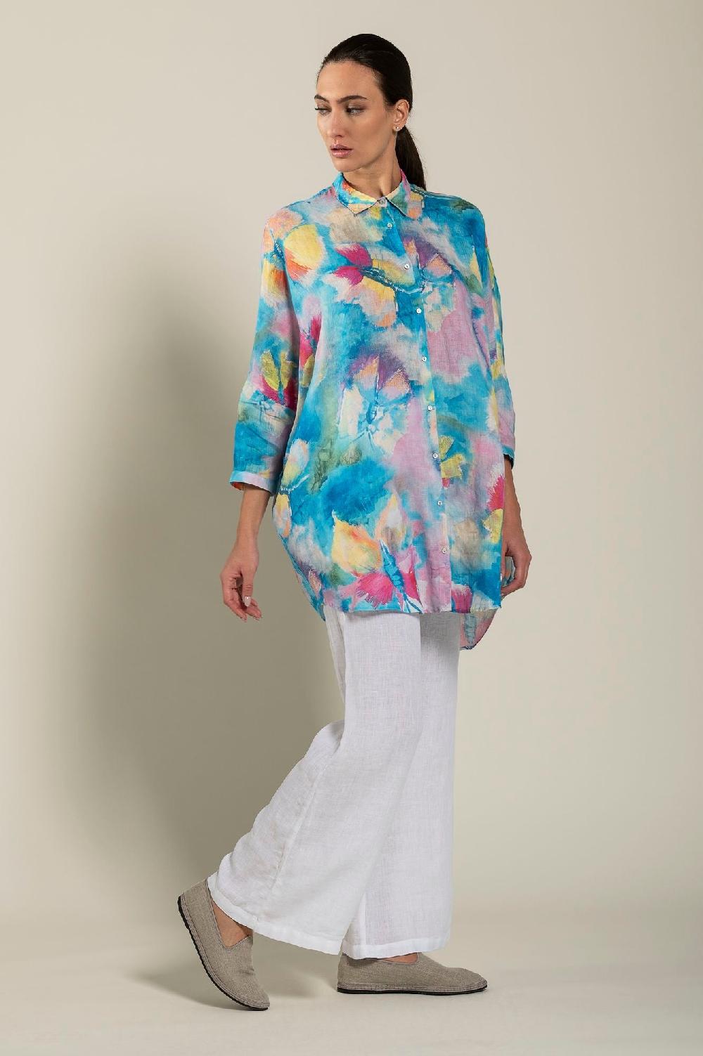 120% Lino Long Sleeve Woman Butterfly Print Shirt Esporta salva