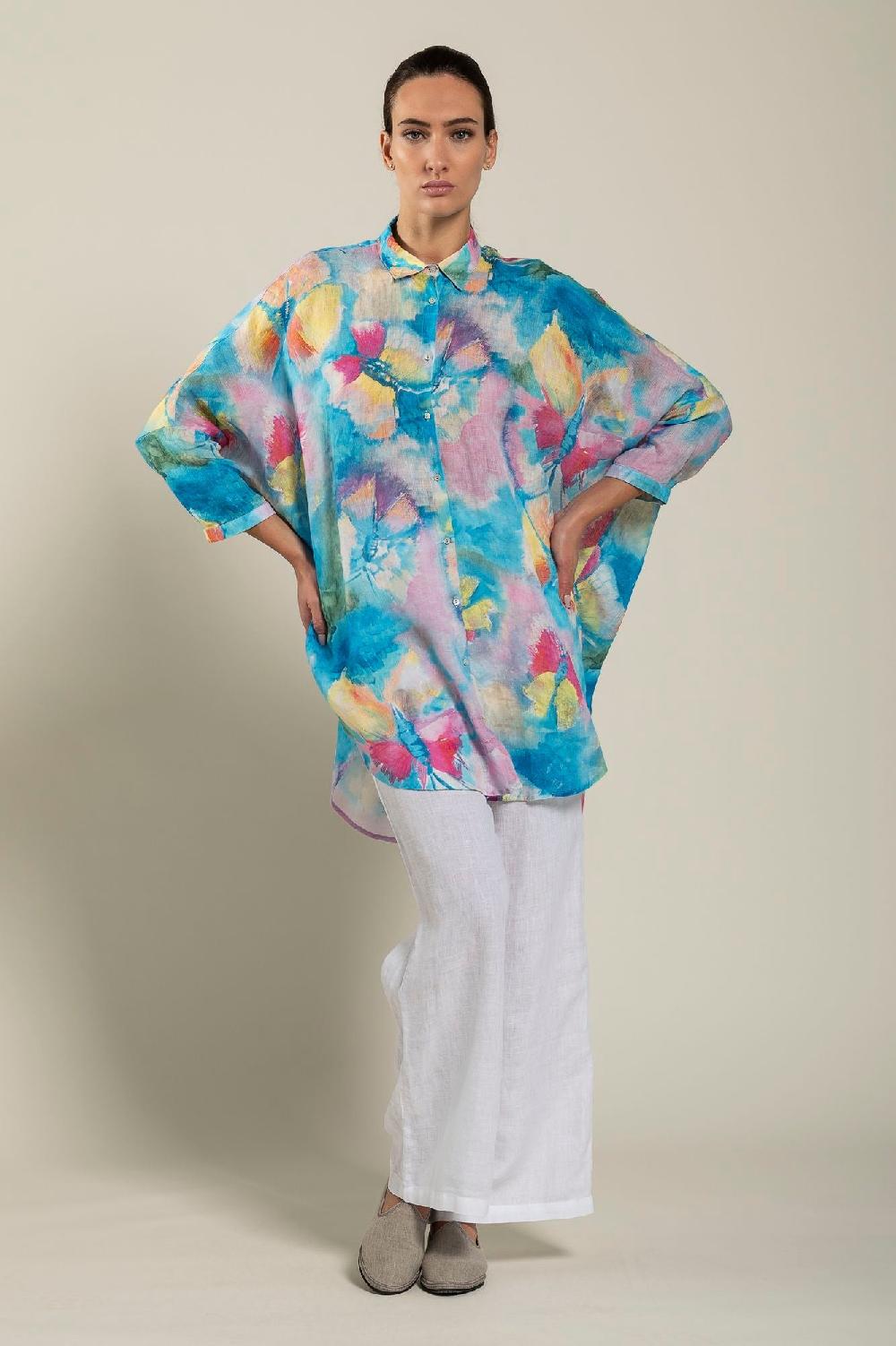 120% Lino Long Sleeve Woman Butterfly Print Shirt Esporta salva
