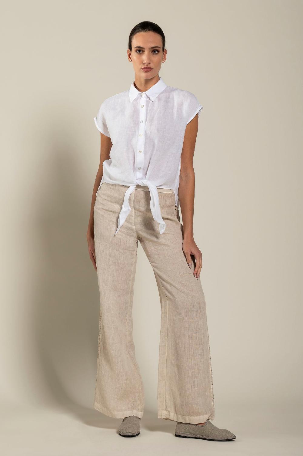 120% Lino Short-Sleeve Linen Shirt with Front Tie In vendita