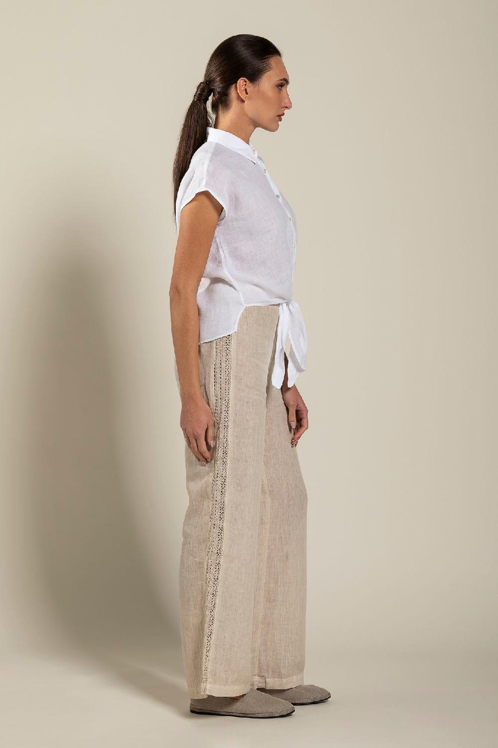120% Lino Short-Sleeve Linen Shirt with Front Tie In vendita