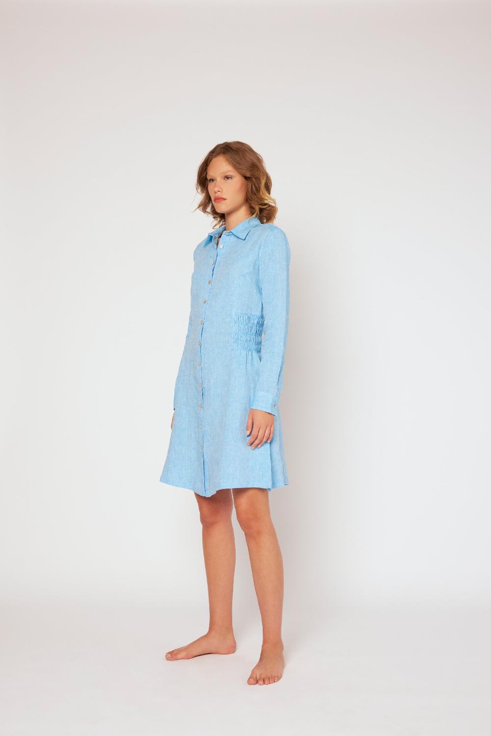 120% Lino Shirt Dress with Elasticized Ruched Waist Promozione
