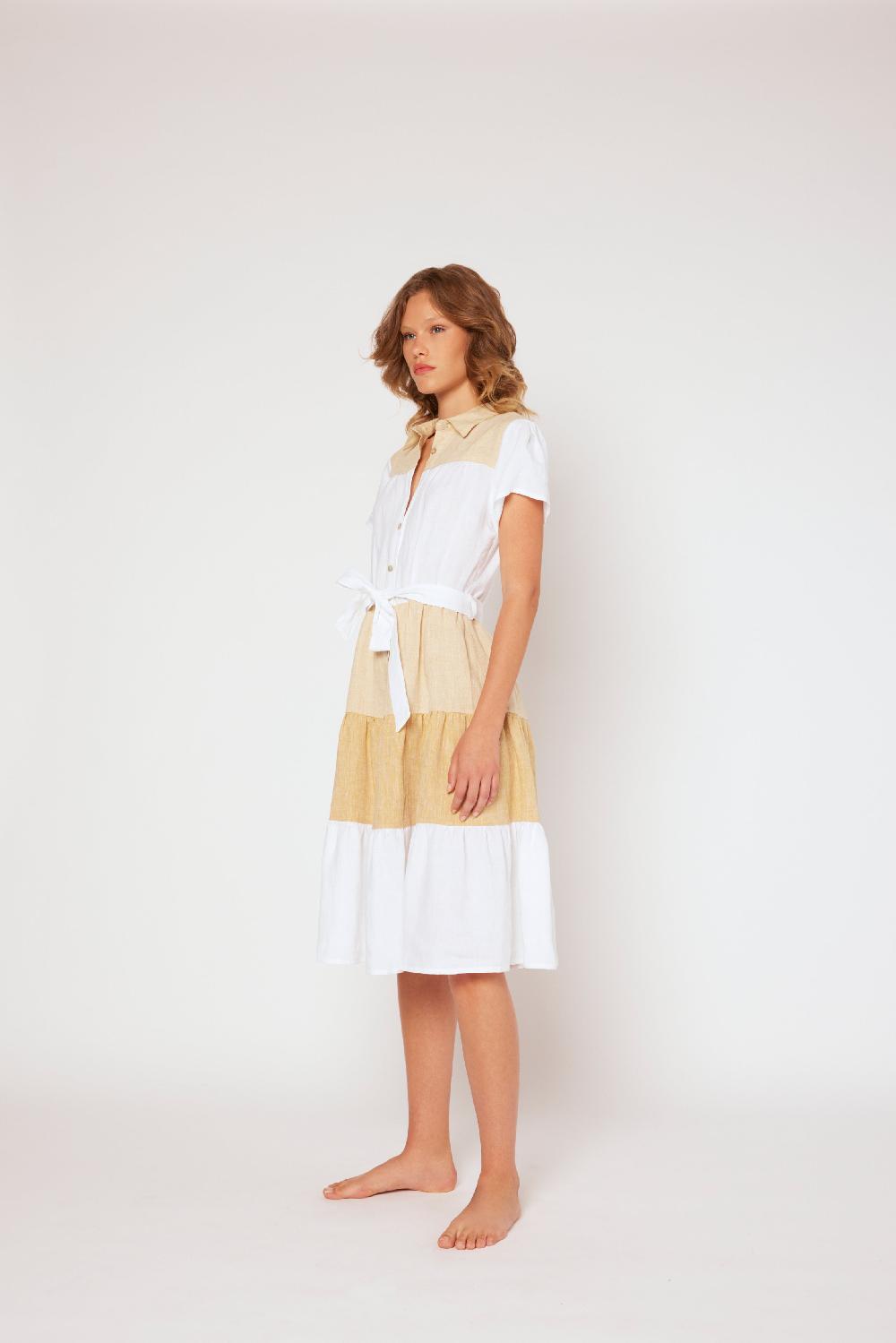 120% Lino Yarn-dyed short sleeve dress Spedizione Gratuita