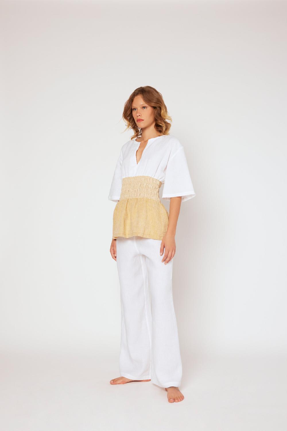 120% Lino Yarn-dyed linen top White/Beige Qualità Garantita