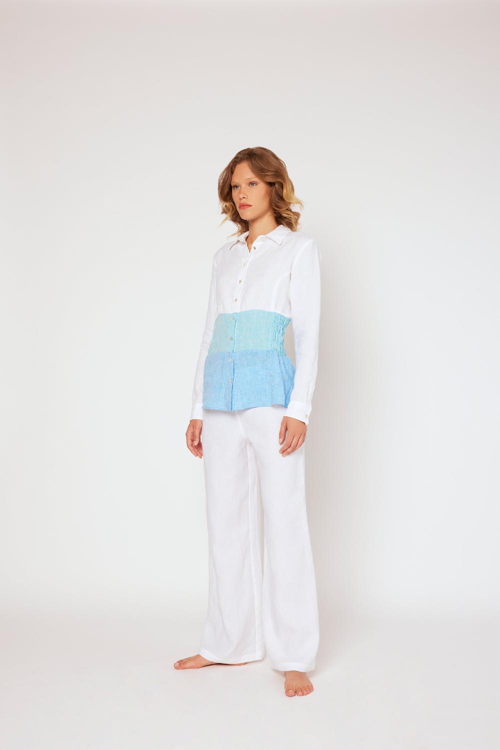 120% Lino Yarn-dyed linen blouse White/Blue Consegna Veloce