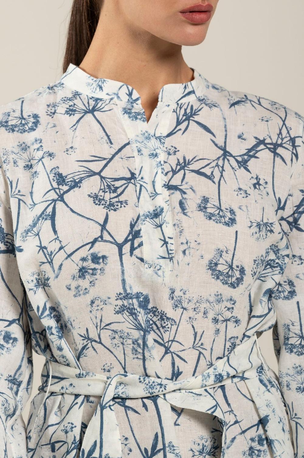 120% Lino Long Sleeve Woman Floral Patterned Dress With Belt Novità