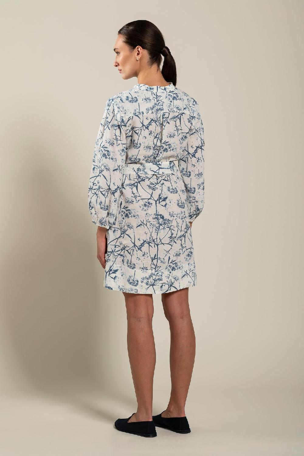 120% Lino Long Sleeve Woman Floral Patterned Dress With Belt Novità