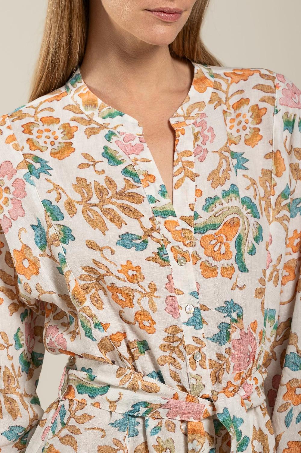 120% Lino Colorful Floral Patterned Dress With Belt Sconto
