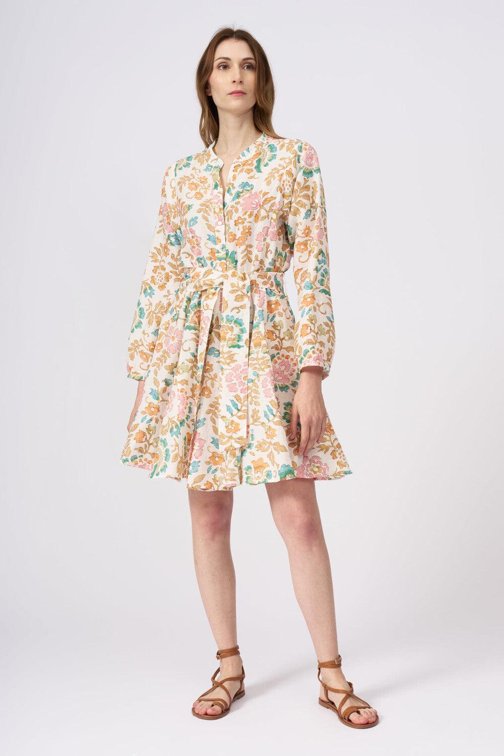 120% Lino Colorful Floral Patterned Dress With Belt Sconto