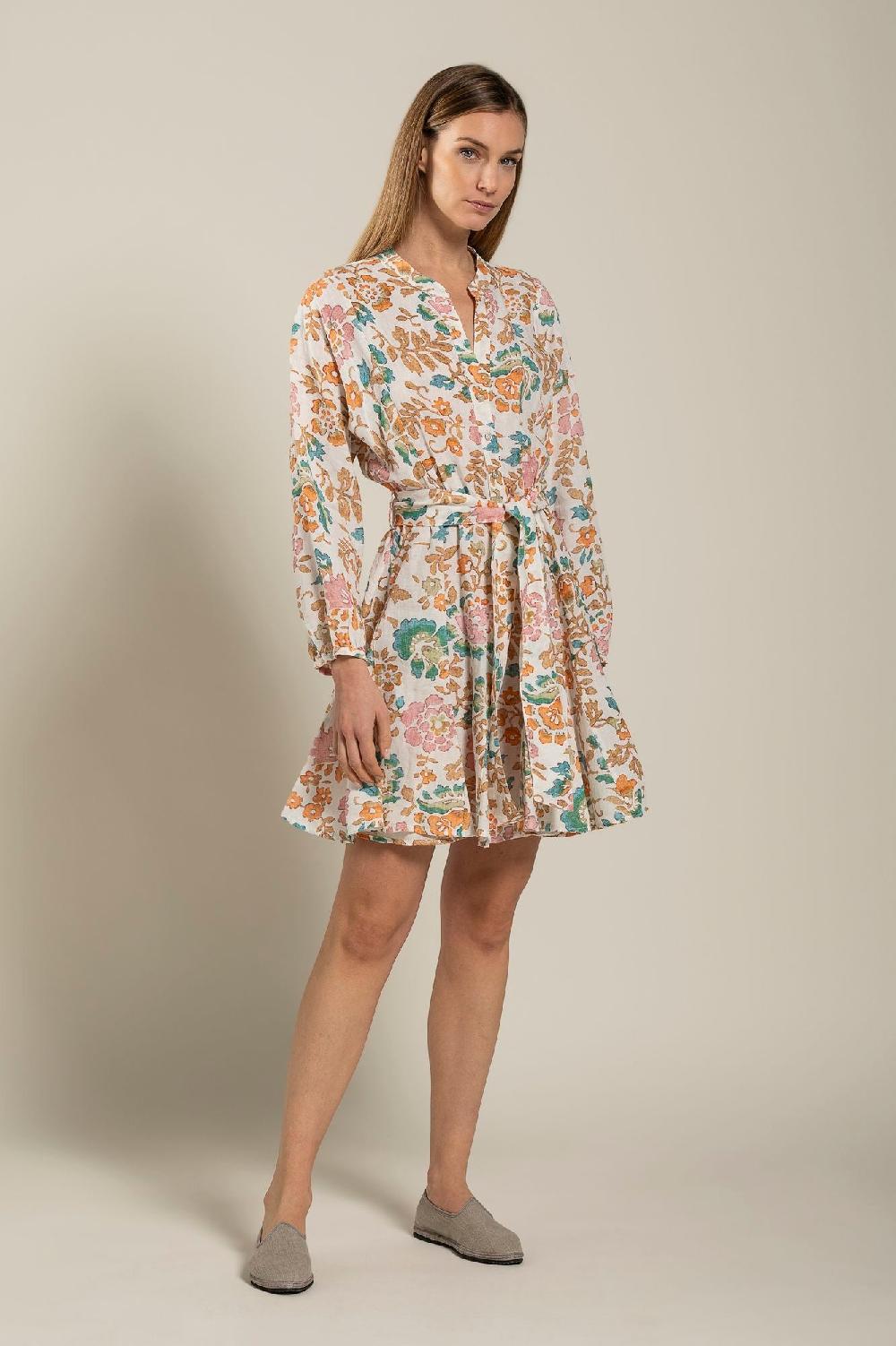120% Lino Colorful Floral Patterned Dress With Belt Sconto
