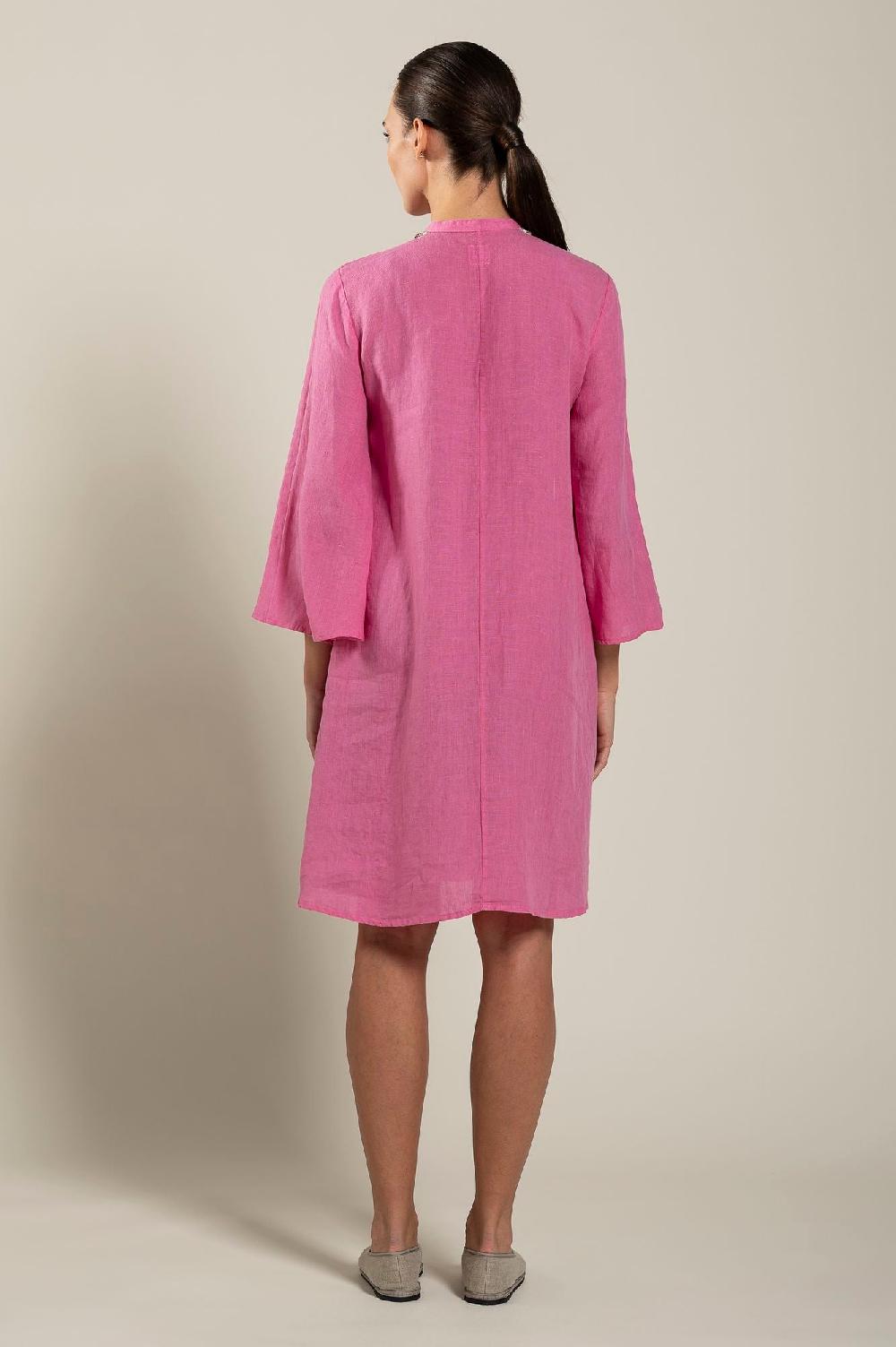 120% Lino Dress With Embellishment And Wide Sleeves Economico