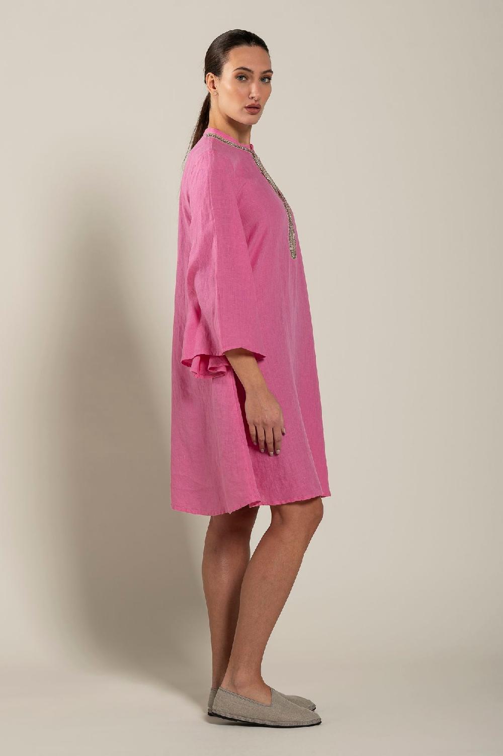 120% Lino Dress With Embellishment And Wide Sleeves Economico