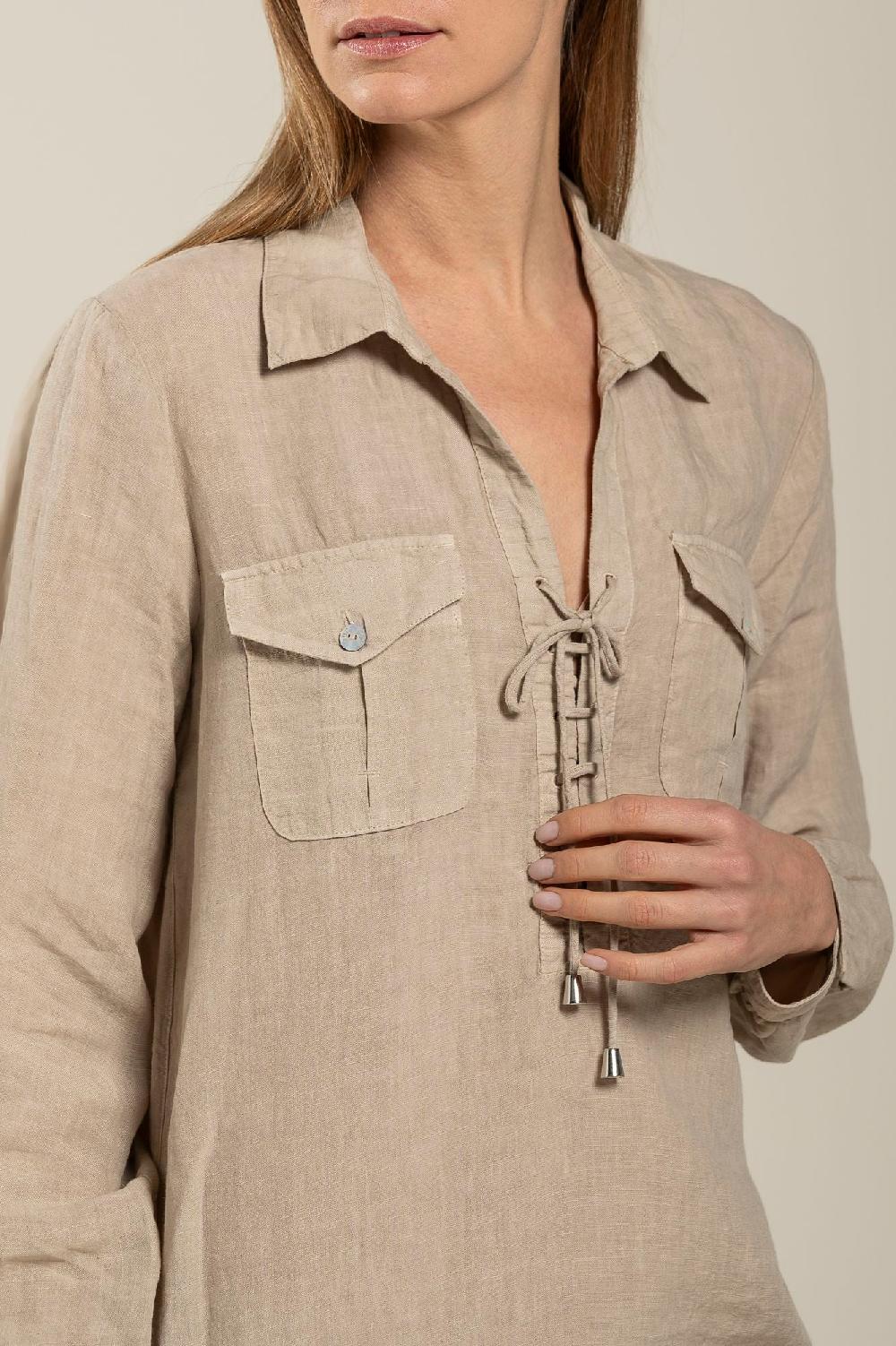 120% Lino Long Sleeve Dress With Pockets Offerte