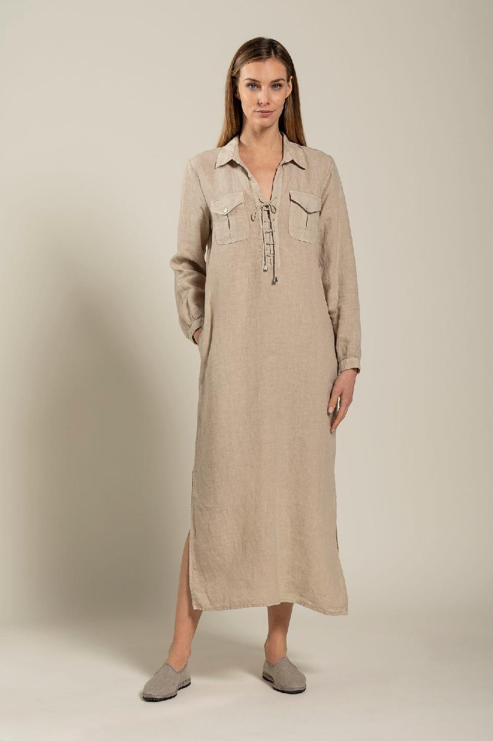 120% Lino Long Sleeve Dress With Pockets Offerte