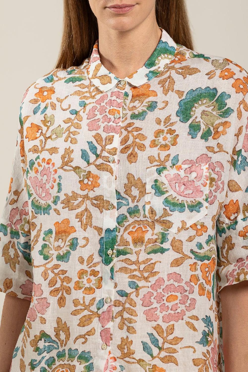 120% Lino Short Sleeve Woman Floral Pattern Shirt Hotsell