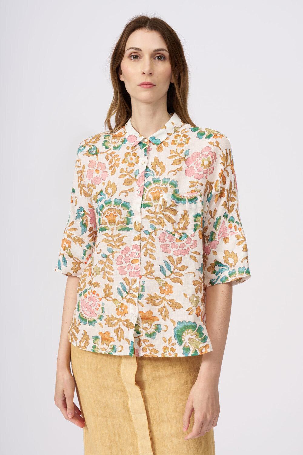 120% Lino Short Sleeve Woman Floral Pattern Shirt Hotsell