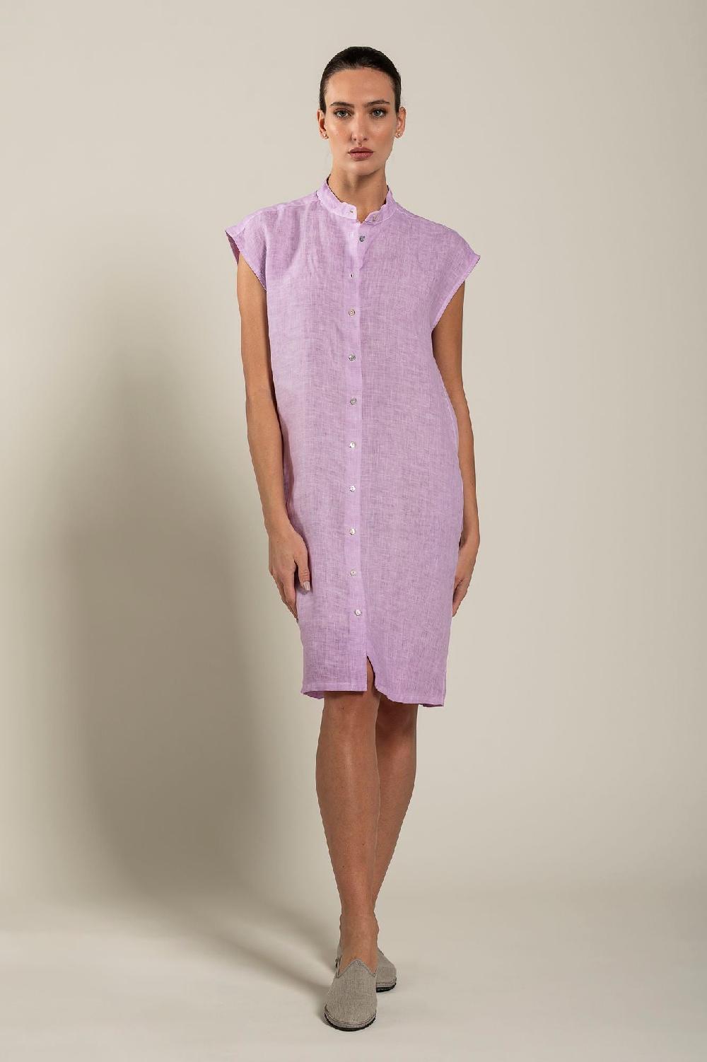 120% Lino Mandarin Collar Dress Vendite Flash
