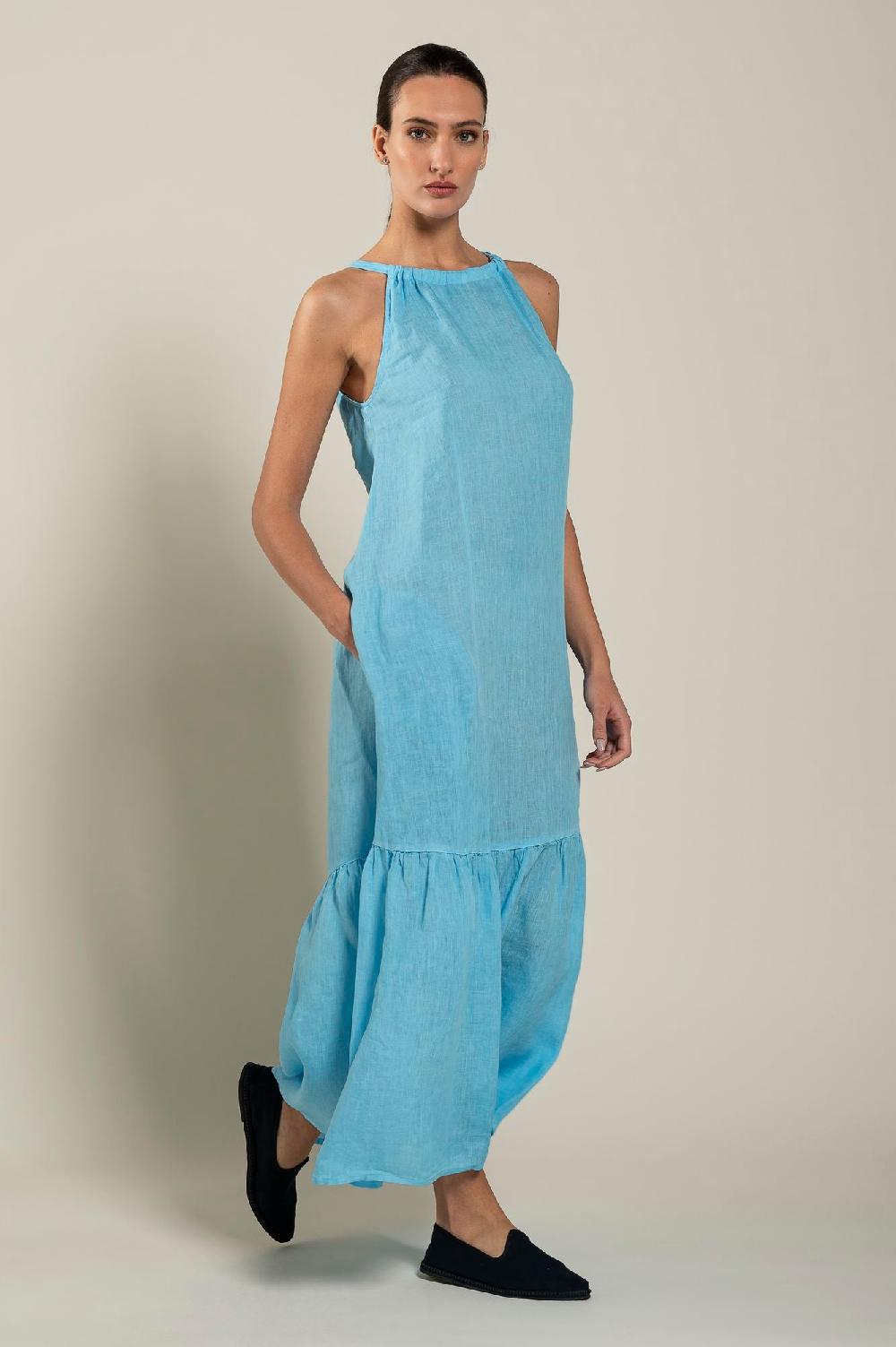 120% Lino Woman Crew Neck Maxi Dress Moda