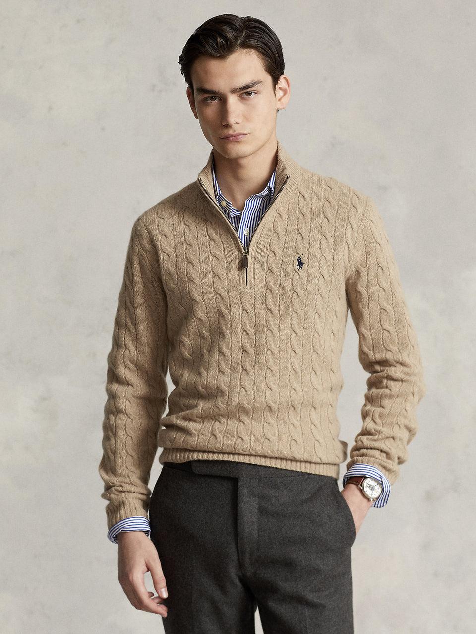 RALPH LAUREN Maglia Mezza Zip a Trecce Cammello Vendita Economica