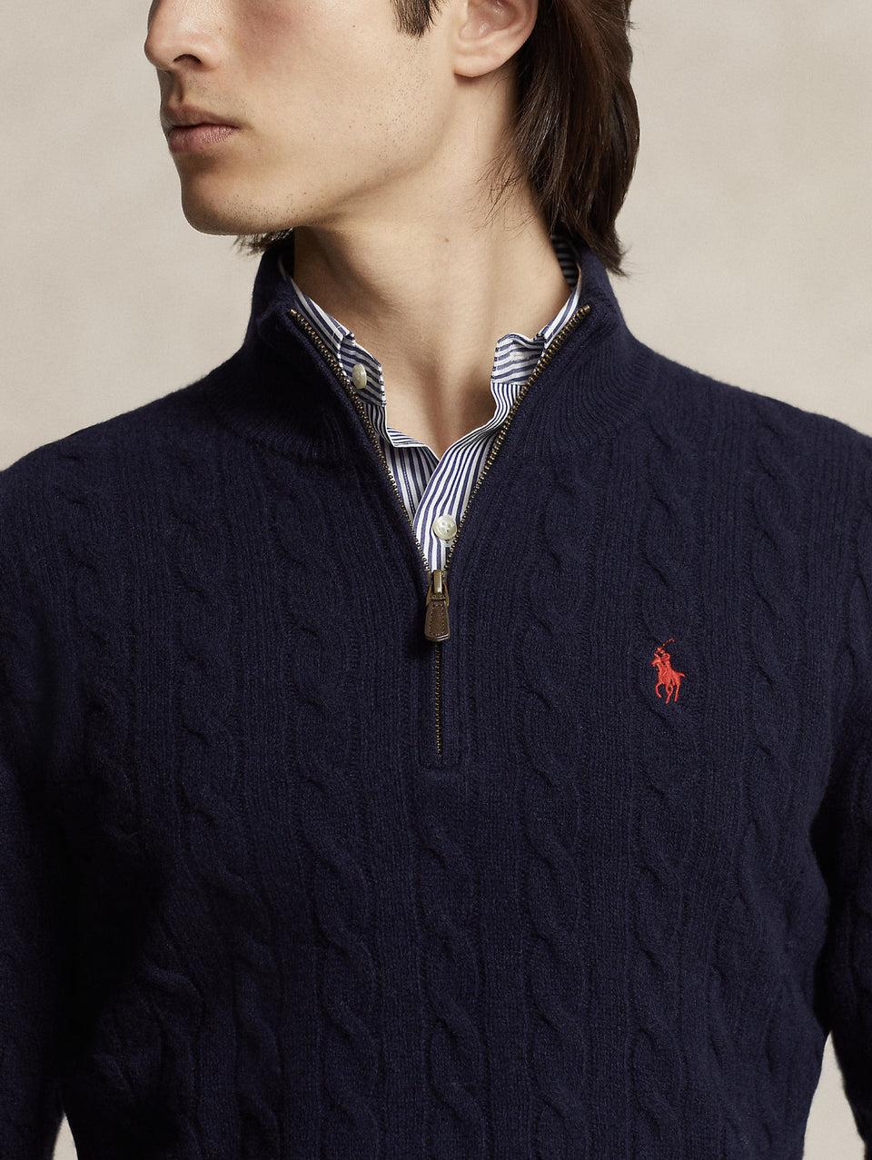 RALPH LAUREN Maglia Mezza Zip a Trecce Blu In Saldo