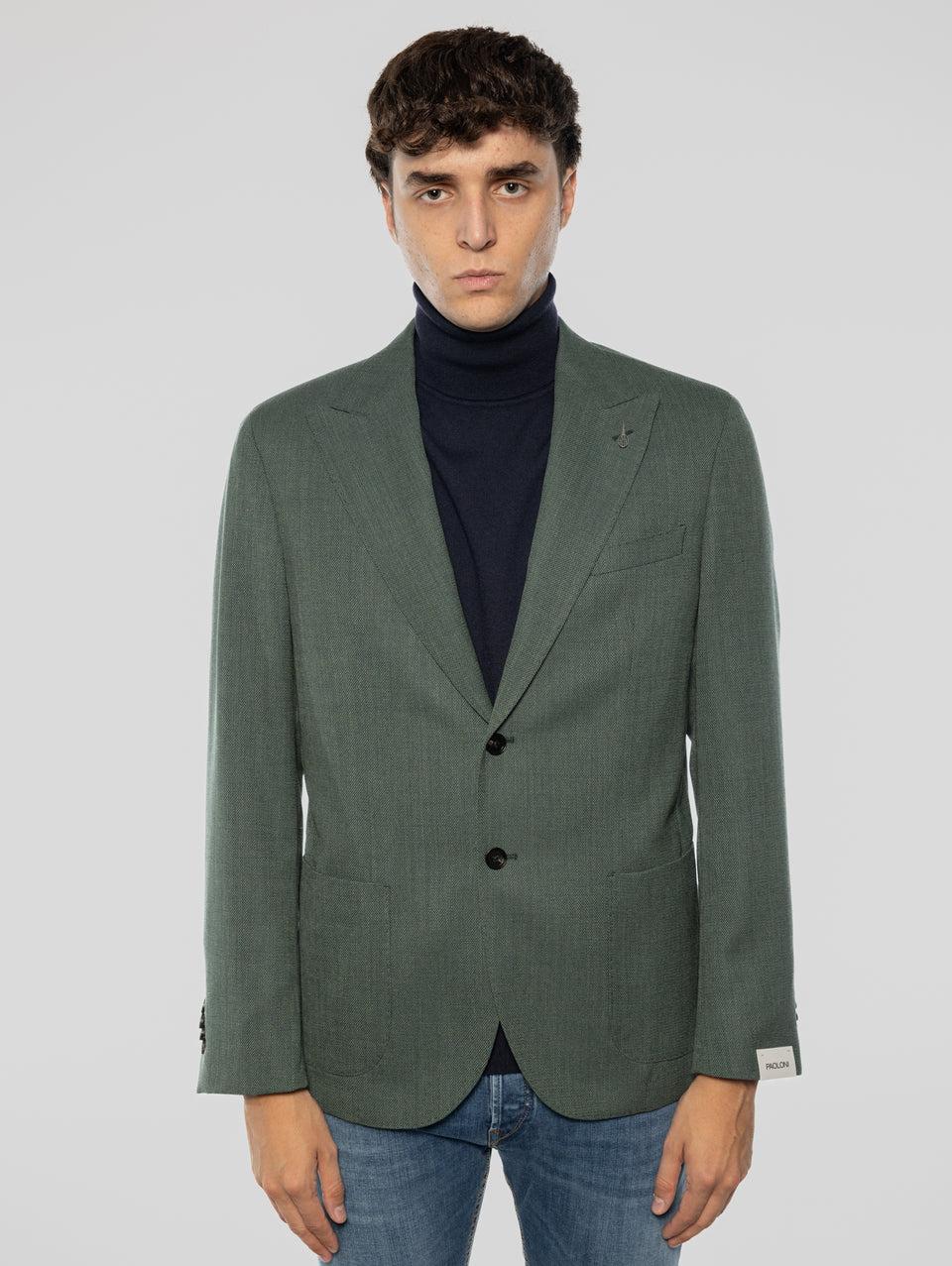 PAOLONI Giacca Sfoderata in Lana Oxford Verde Saldi