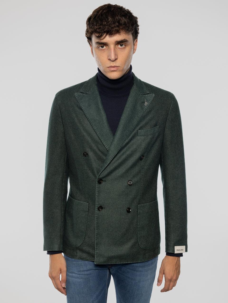 PAOLONI Giacca Doppio Petto in Lana Frosted Verde Vendita Economica