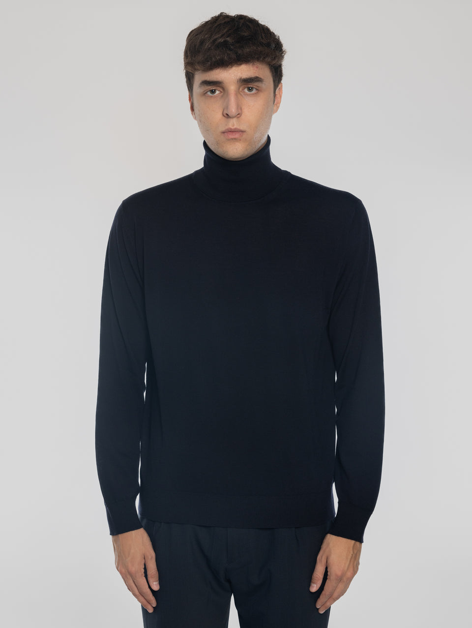 ALPHA STUDIO Maglia Collo Alto in Lana Ultrafine Blu Vendita