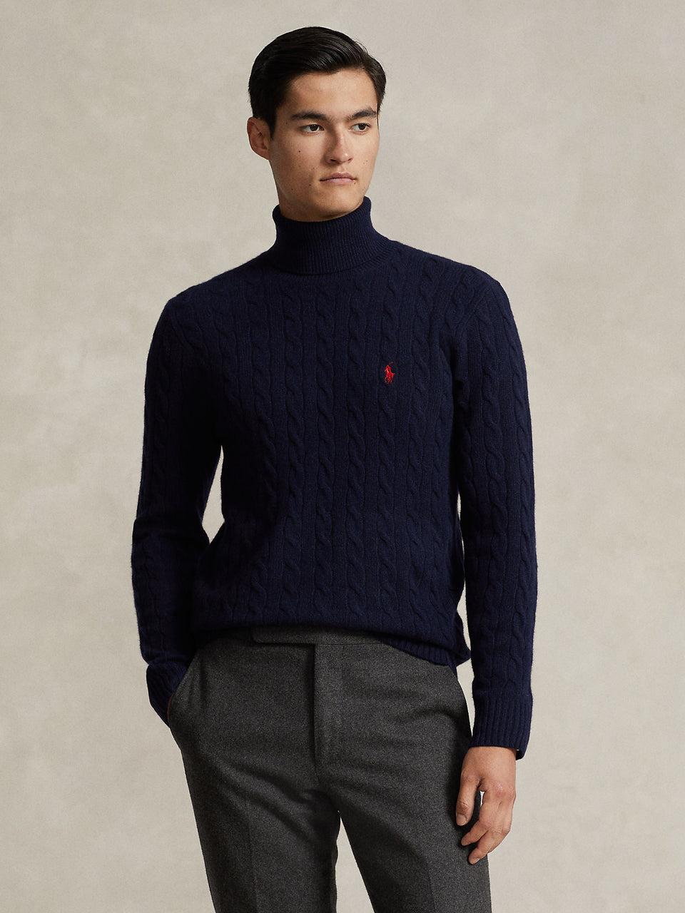 RALPH LAUREN Maglia Collo Alto a Trecce Blu Spedizione Gratuita