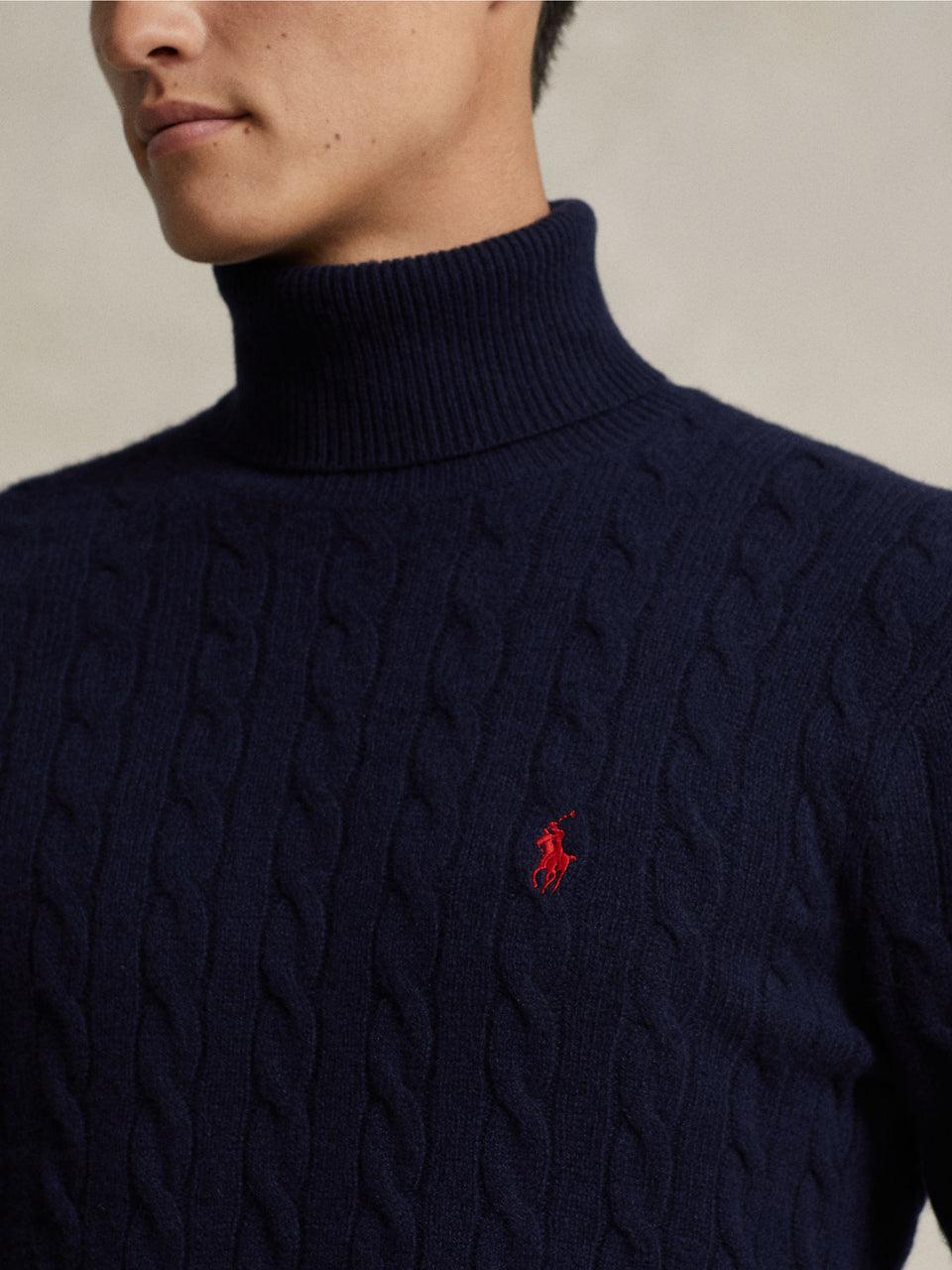 RALPH LAUREN Maglia Collo Alto a Trecce Blu Spedizione Gratuita