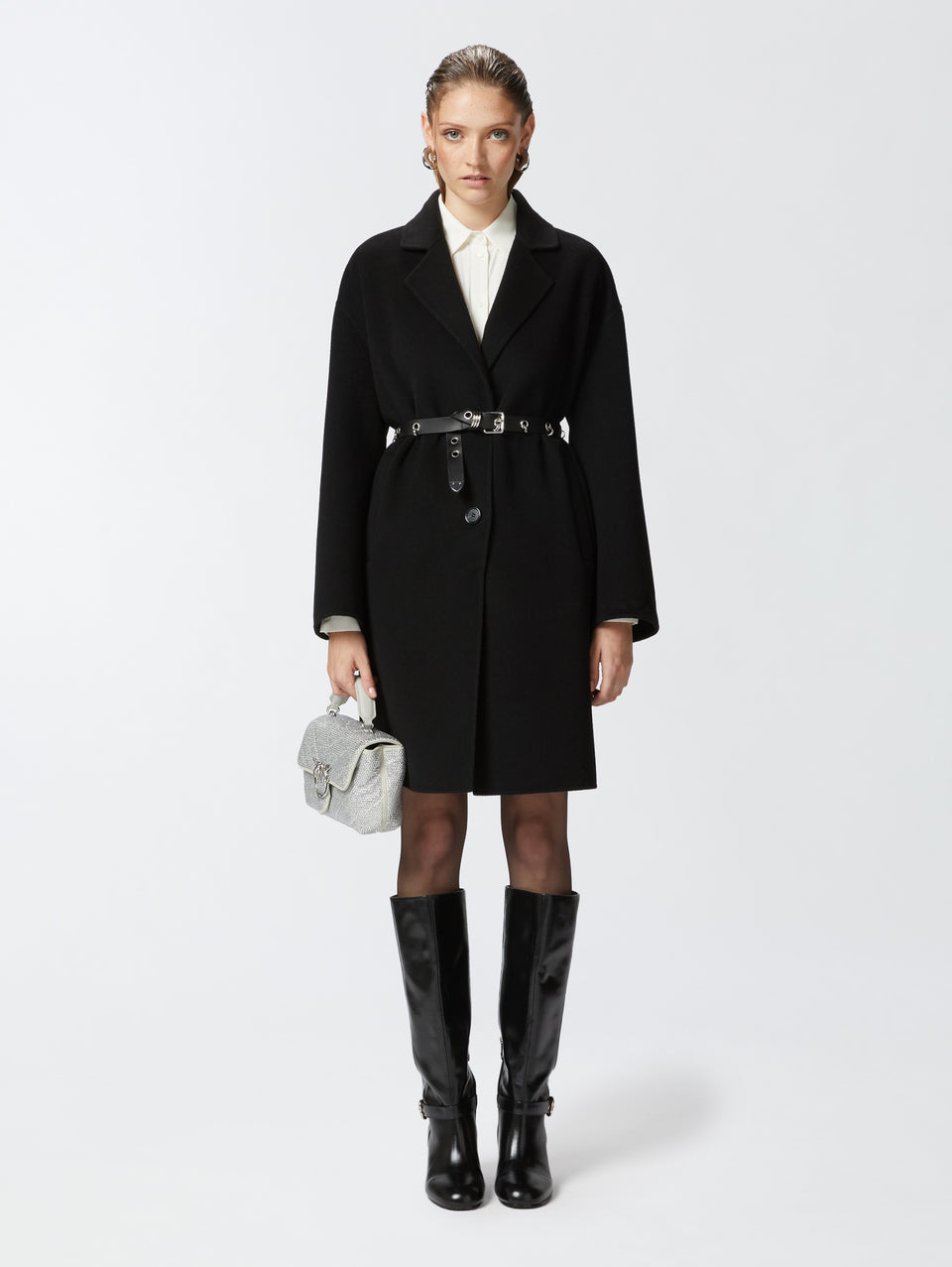 PINKO Cappotto Monopetto in Double di Lana Nero In vendita