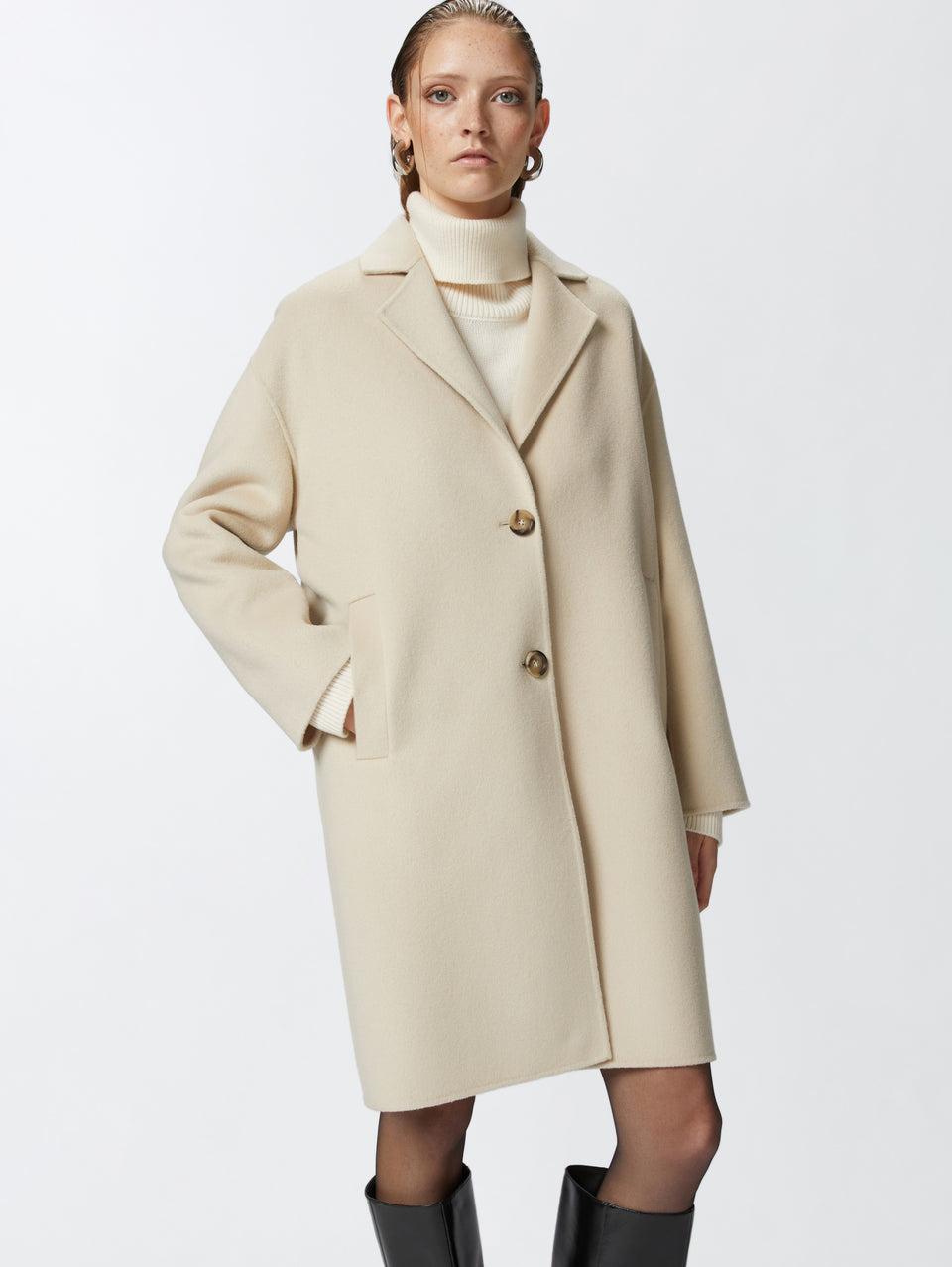 PINKO Cappotto Monopetto in Double di Lana Beige Duty-free