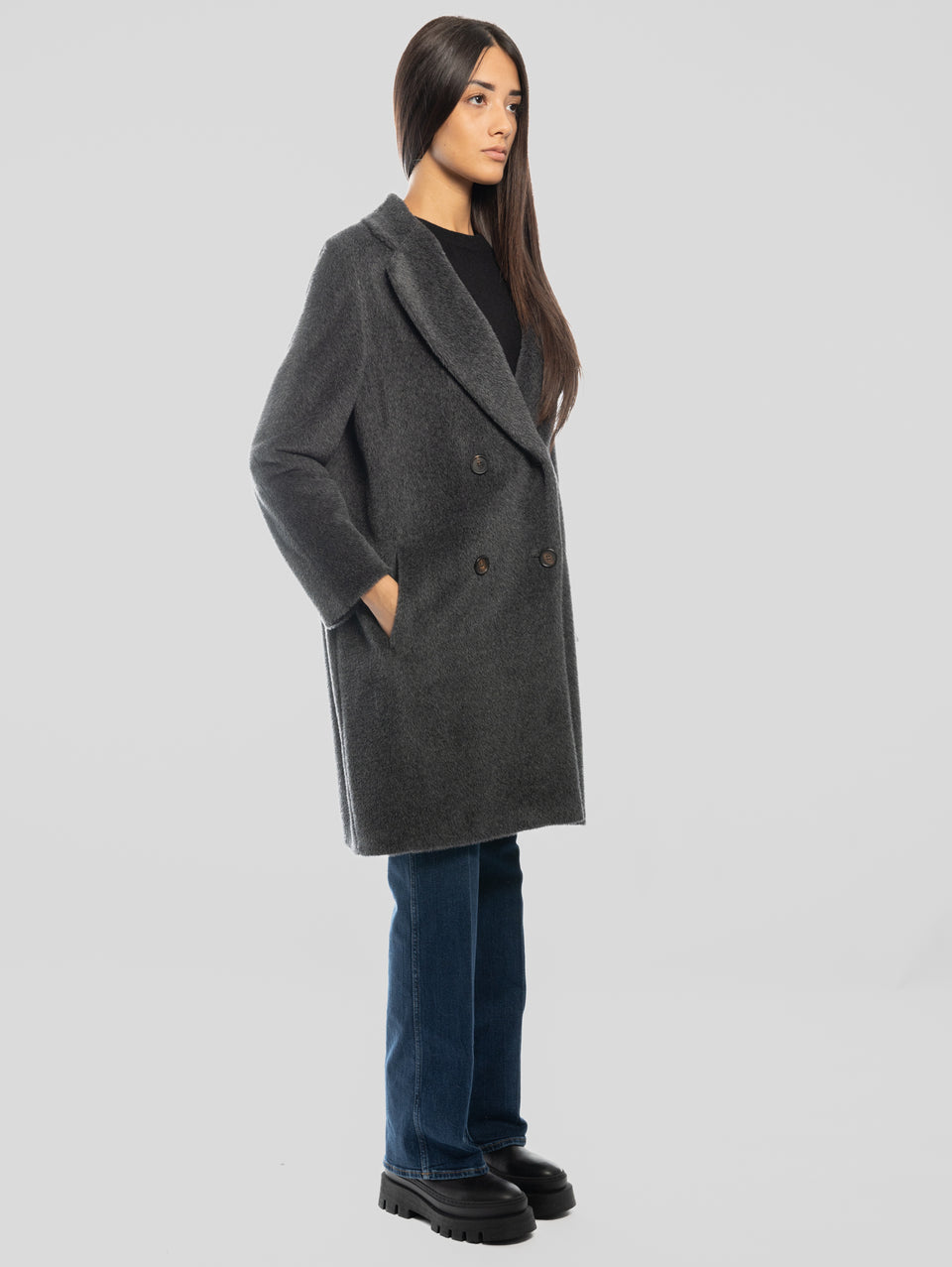 MAX MARA Cappotto Doppiopetto in Alpaca e Lana Roseto Grigio In Linea