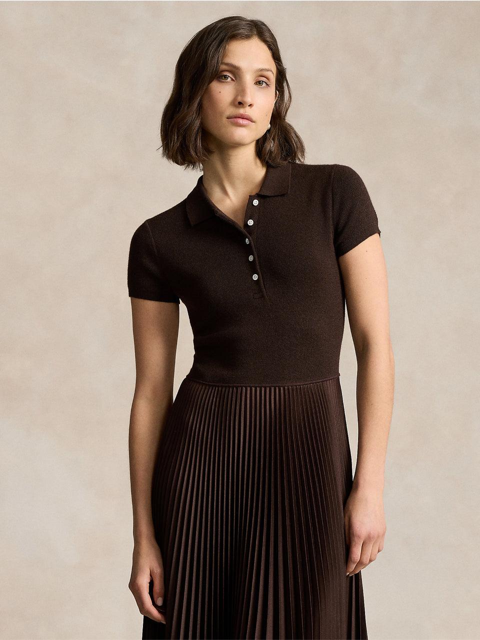 RALPH LAUREN Abito in Maglia con Gonna Plissé Marrone Negozi Online
