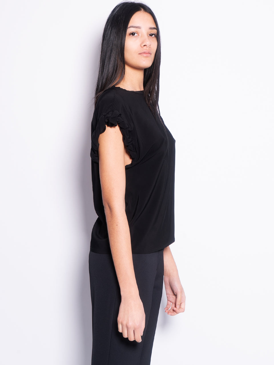 PINKO Blusa Girocollo con Lavorazione sulla Manica Nero Outlet