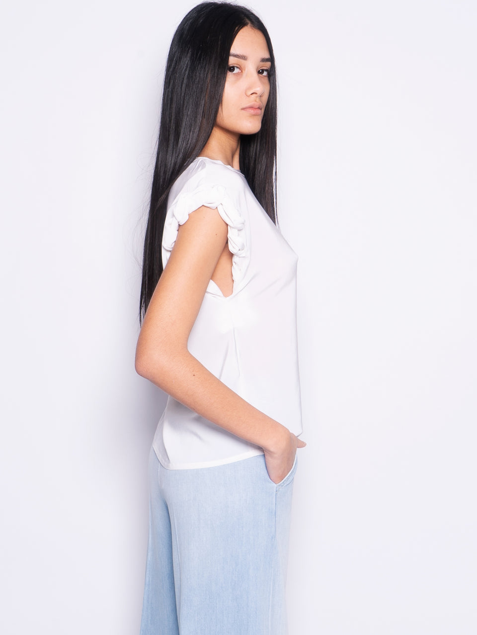 PINKO Blusa Girocollo con Lavorazione sulla Manica Bianco In Vendita