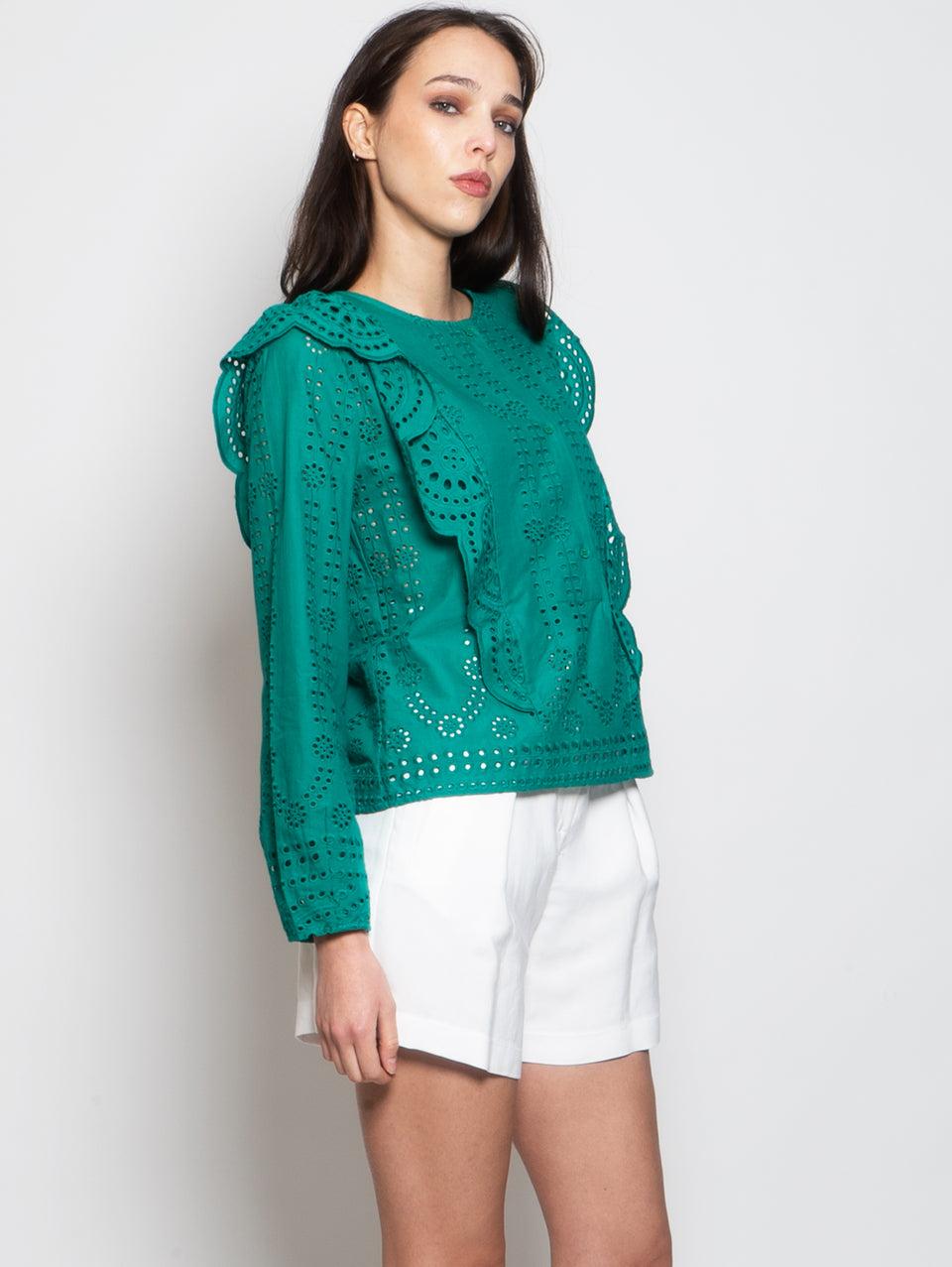 MUNTHE Blusa Girocollo in Cotone con Ricami Verde Vendita Calda